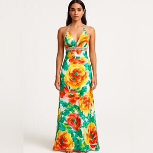 Morgan & Co Vibrant Floral Sequin Gown Prom – Size Small – Halter Maxi Dress